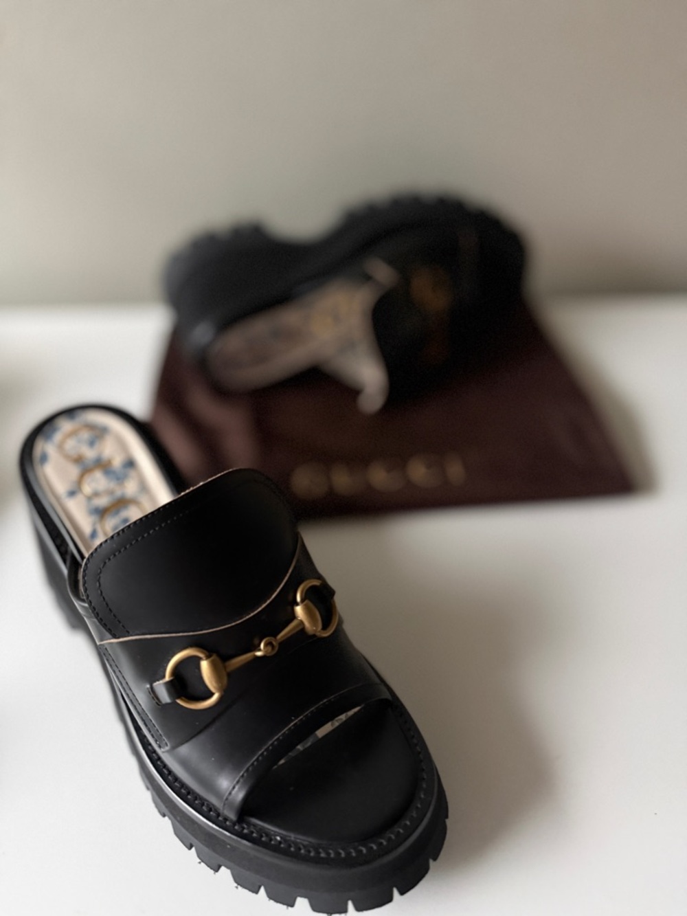 Gucci Black Leather Horsebit Platform Mule Sandals 37.5 - Picture 6 of 8